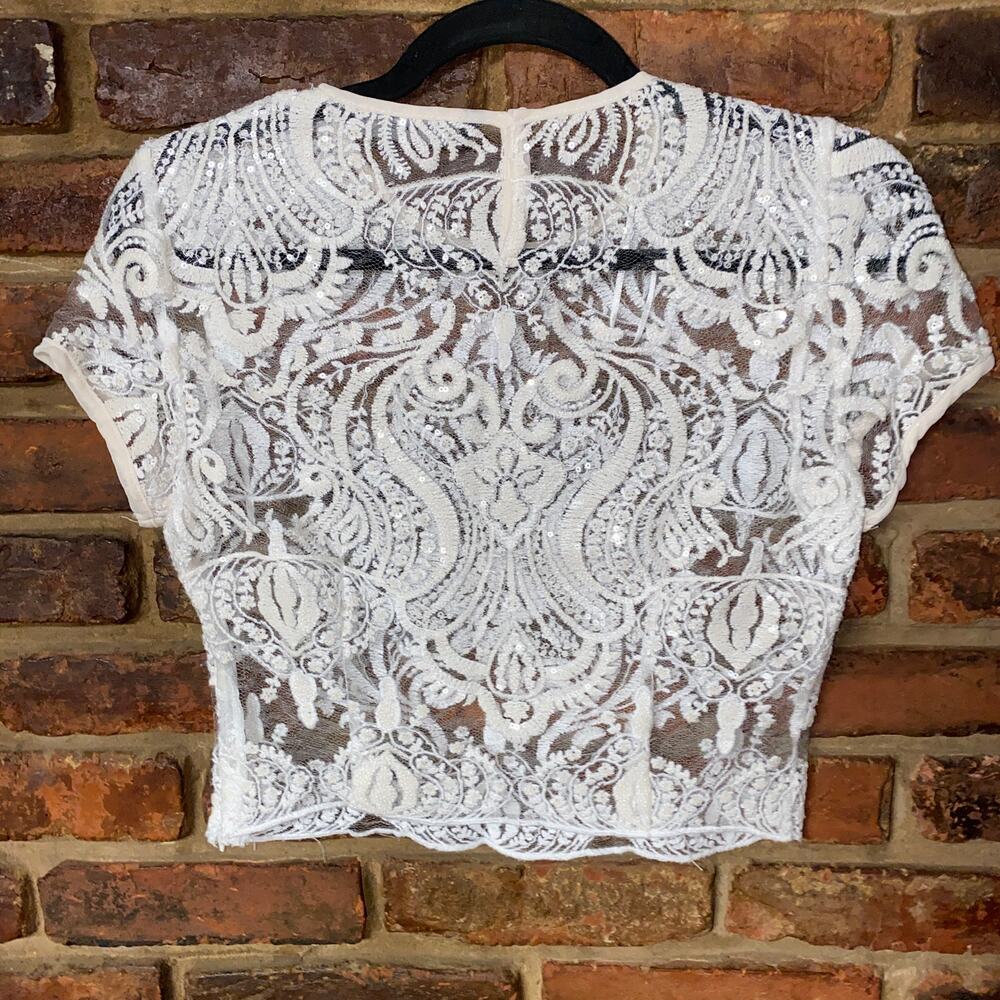 Zara White Sequined Semi-Sheer Mesh Lace Short Sleeve Crop Top Women's Size XS - Picture 7 of 7